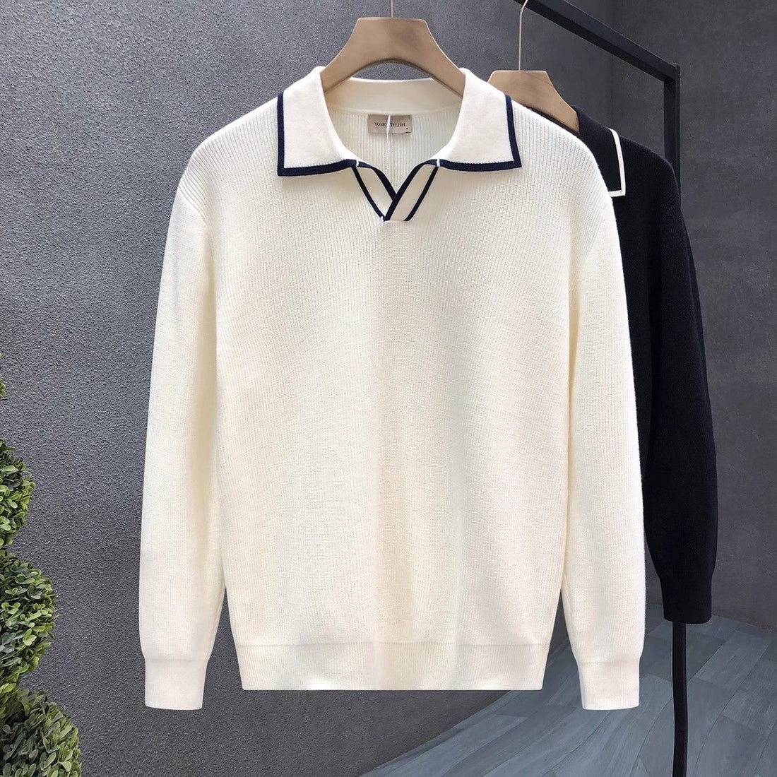 Men’s White Knitted Polo T-Shirt with Navy Border