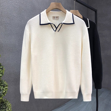 Men’s White Knitted Polo T-Shirt with Navy Border
