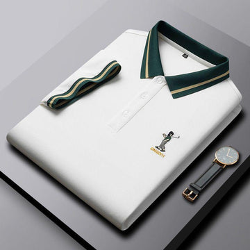 Men’s white polo t-shirt with green contrast collar
